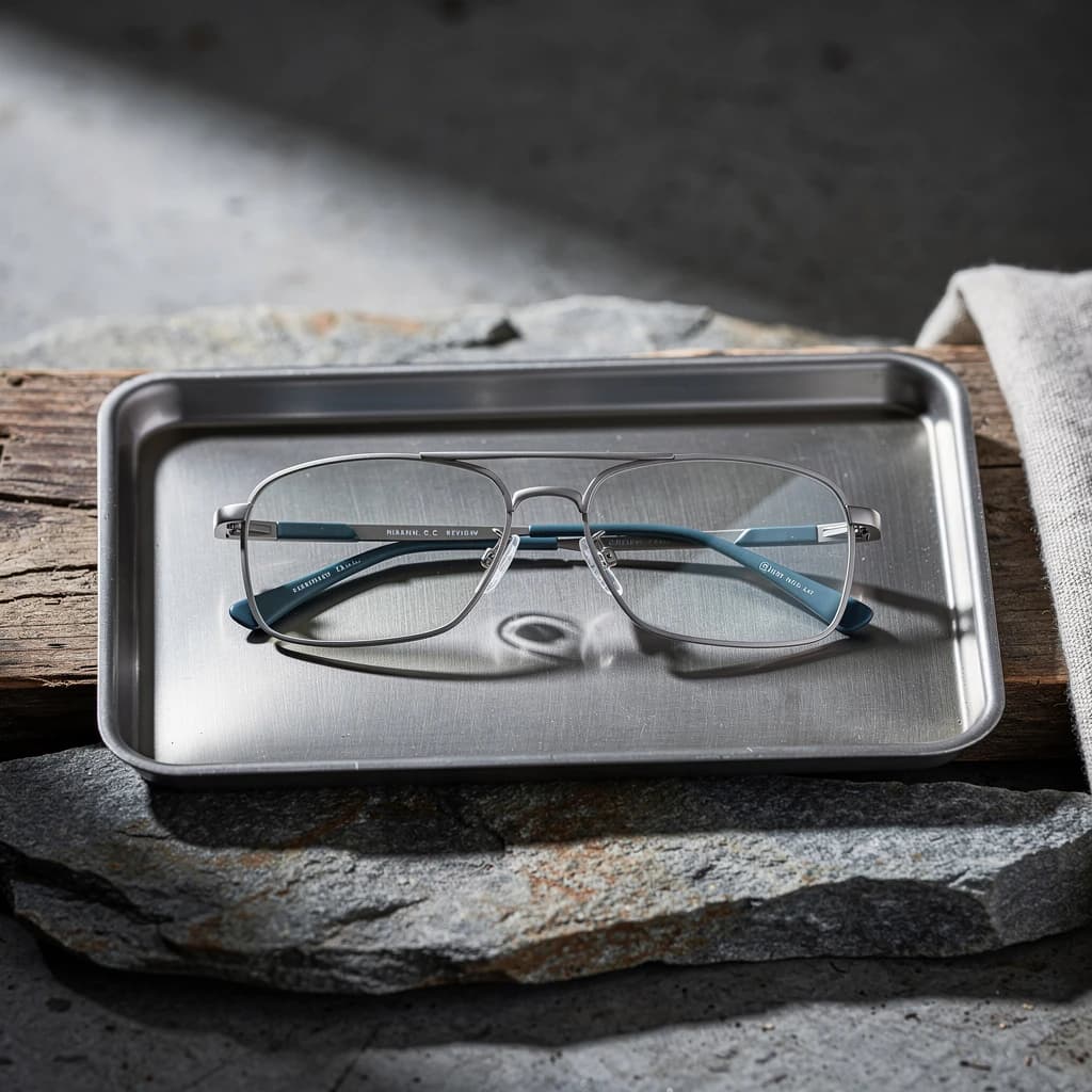 Frame + Grain · Titanium aviator frame, matte brushed, spring hinges