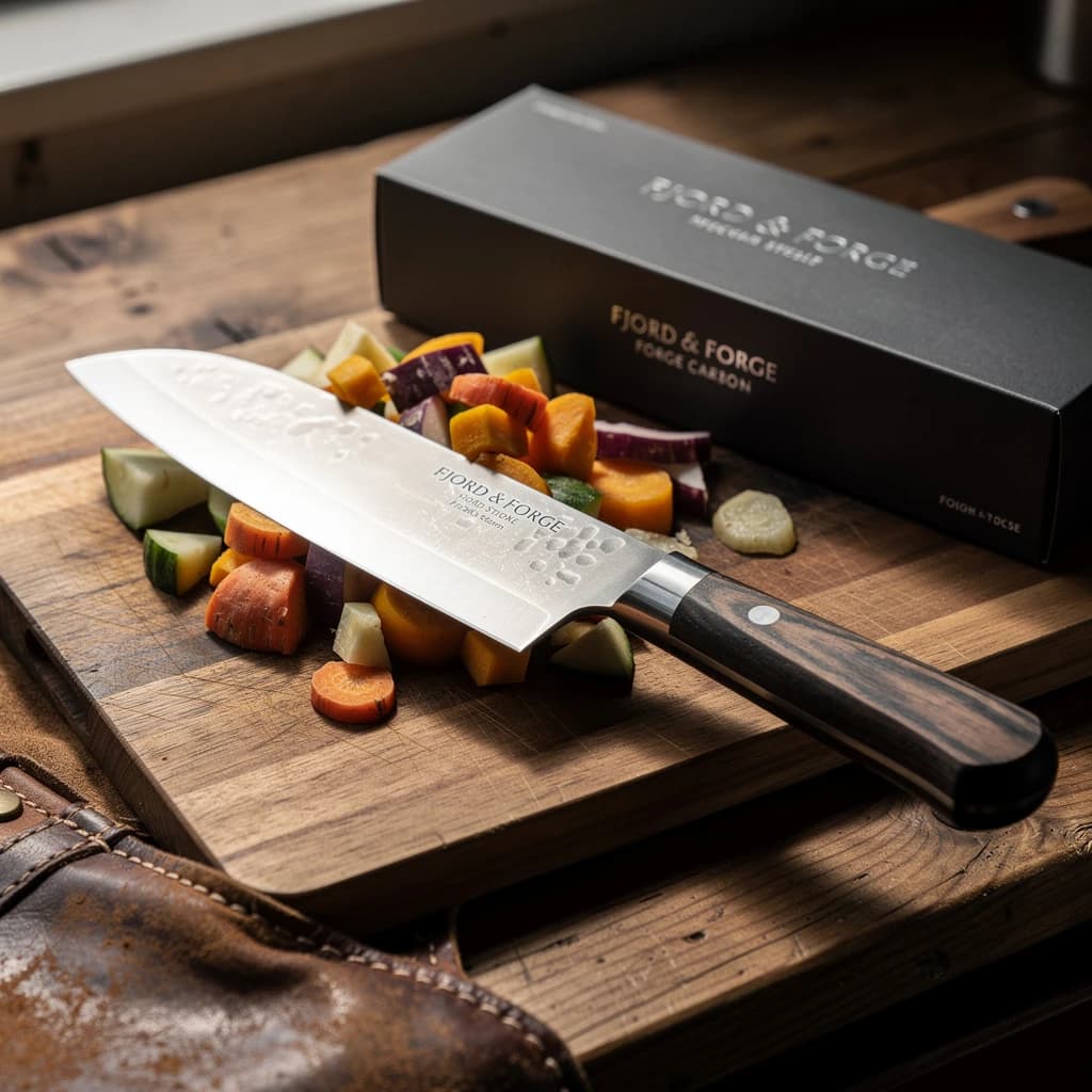 Fjord & Forge · Nakiri vegetable knife, high-carbon steel, ebonized oak